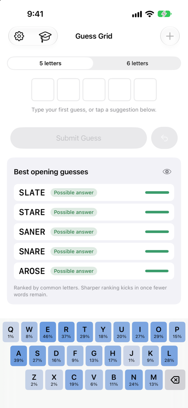 The opening screen: best opening guesses SLATE, STARE, SANER, SNARE and AROSE, above a keyboard where each key shows the percentage of words using that letter.