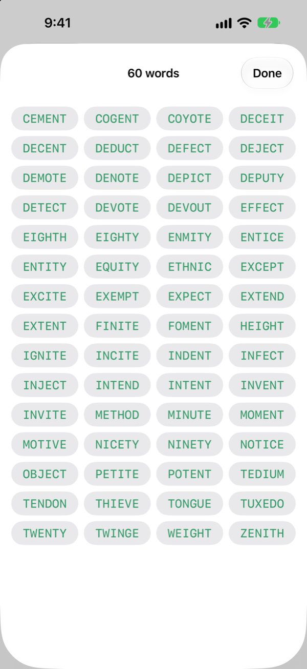 The full list of 60 six-letter words still possible, from CEMENT to ZENITH.