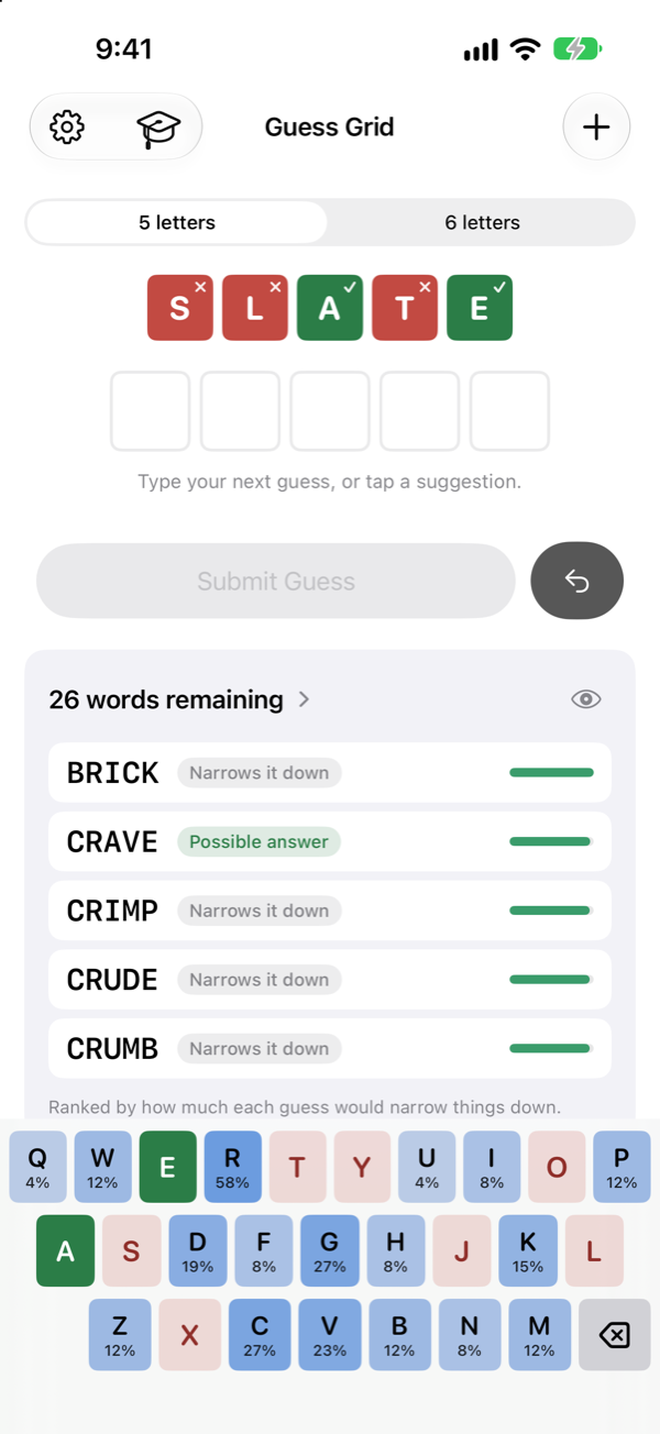 After one guess, 26 words remain. Suggestions BRICK, CRAVE, CRIMP, CRUDE and CRUMB are labelled Narrows it down or Possible answer.