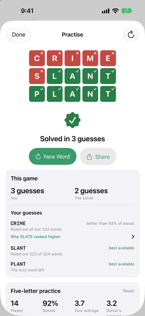 A practice game solved in 3 guesses against the solver's 2, with New Word and Share buttons and the start of the review.