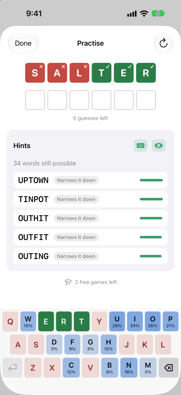 A six-letter practice game in progress with hints on: 34 words still possible, suggestions, and a heatmap keyboard.