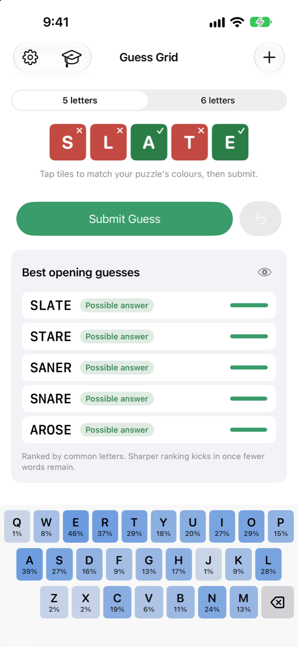 SLATE entered with S, L and T tagged red and A and E tagged green, ready to submit.