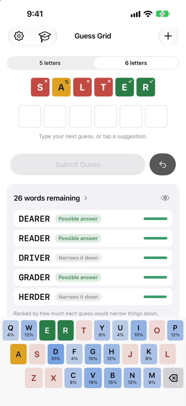 A six-letter puzzle after SALTER: 26 words remaining, with suggestions DEARER, READER, DRIVER, GRADER and HERDER.